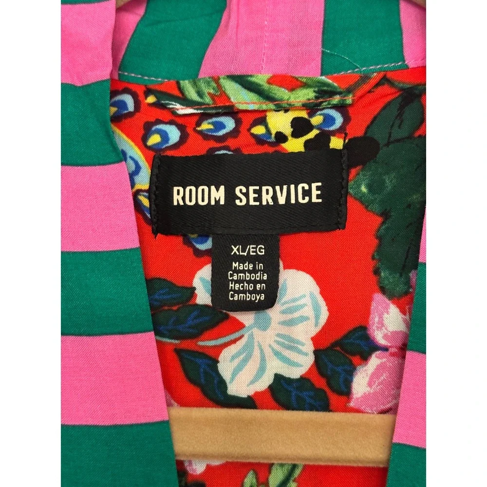 Room Service XL Kimono Robe Womens Red Jungle Animal Floral Striped Trim